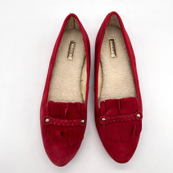 BIRDIES Red Cardinal Suede Flat Womens 9.5 Kiltie Fringe Faux Fur Lined Loafer - Picture 4 of 14